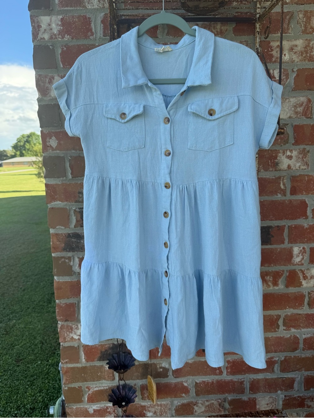 Hayden Light Blue Girls Button-Front Tiered Dress